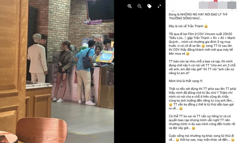 Bài đăng chê trách thái độ của nghệ sĩ Trấn Thành khi mua vé xem phim Bài đăng chê trách thái độ của nghệ sĩ Trấn Thành khi mua vé xem phim
