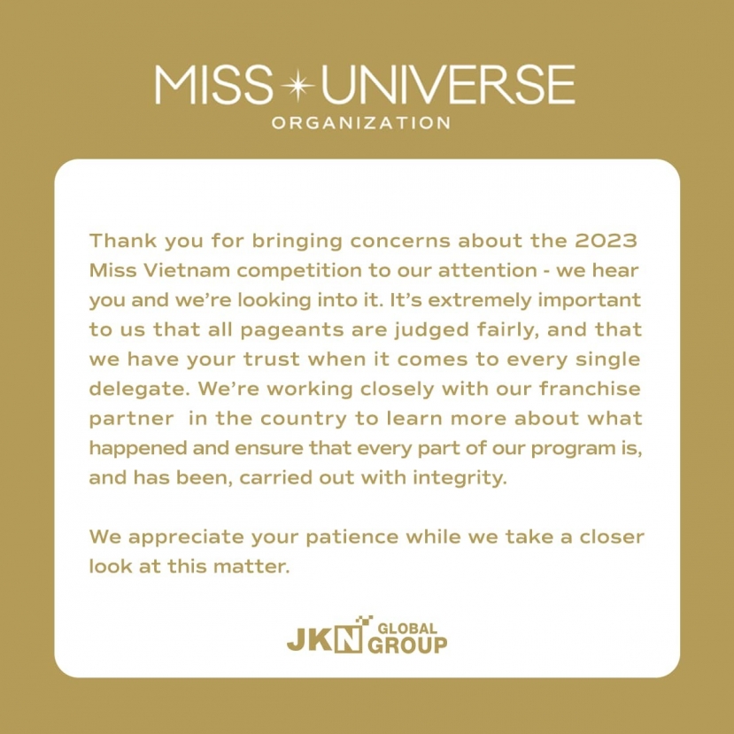 Miss Universe thông báo sẽ vào cuộc về kết quả của Miss Universe Vietnam 2023 Miss Universe thông báo sẽ vào cuộc về kết quả của Miss Universe Vietnam 2023